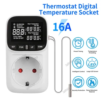 16A 220V Термостат Дигитален Регулатор на Температурата на Изхода на Сензора за Контакт С Таймер Отопление Охлаждане За Аквакултури