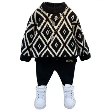 2023 Есен Зима Блузи за момчета, от памук Argyle Пухкав топъл Свободен пуловер с дебел мек дъното, пуловер, Потници за момчета