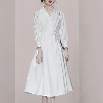 2023 Ново Елегантно есен Бяло офис женствена рокля-риза за подиум Френските жени с отложным яка на една пуговице, къси работни рокли Midi