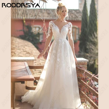 RODDRSYA/ Булчинска рокля с V-образно деколте за жени, дантелени сватбени рокли с ръкави 3/4, Vestidos De Noiva трапецовидна форма с отворен гръб, индивидуална апликация