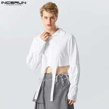 Върховете INCERUN 2023, мъжки персонализирани ризи с ръкави-мехурчета в американски стил, ежедневни укороченная однотонная блуза с къс ръкав S-5XL