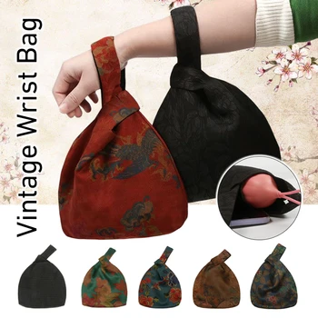 Дамски реколта чанта на китката от коприна тутового цвят с възел в китайски стил, ретро-портфейл, чанта-тоут, в чантата си за ключове, джоб за телефон.