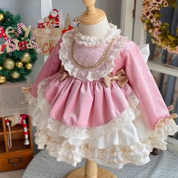 Дантелено винтажное принцеса рокля с лък за рожден ден, празнична парти, детски дрехи за деца от 1 до 10 години, испански рокля с рюшами в тон