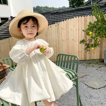 Детско Бяло пищни рокля в корейски стил, детски костюм 2023, Пролетни дантелени рокли на принцеси за момичета с дълъг ръкав, бална рокля за парти по случай рождения Ден