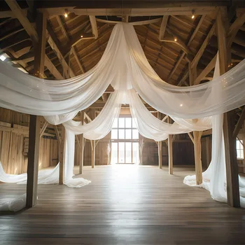 Дълги Сватбени таван завеси от прозрачно бяла шифоновой плат за събития, партита, банкетни щори и за декорация на сцената на церемонията, на покрива на хотела