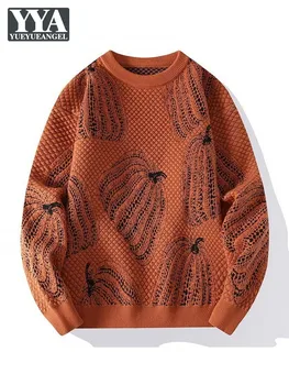 Есента мъжки Жаккардовый пуловер със сладка тиква, Ретро Дебел вязаный пуловер, Джъмпери, Ежедневни Градинска дрехи, Зимни Топли плетени блузи.