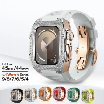 За Apple Watch министерството на отбраната Kit Подходящи луксозни аксесоари с диамантена инкрустация 44 мм 45 мм, серия Fashion 9 Прилагат iWatch S9/8/7/6/5/4 Инсталация