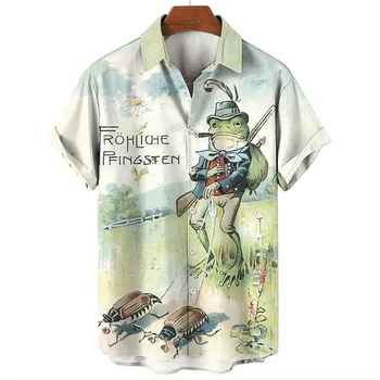 Забавен дизайн, ризи с 3D принтом под формата на жаби и животни, мъжки дрехи, реколта блузи с участието на насекоми, модерни ежедневни блузи копчета, плажни ризи