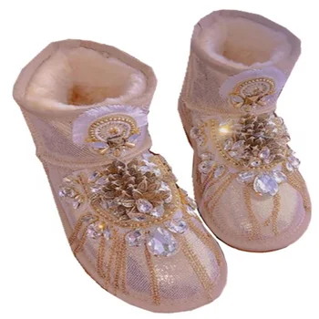 Зимни топли обувки с веригата на река рейн-diamond от кадифе и хубава кожа ръчно изработени по поръчка, пълнозърнести ботуши дамски 35-39