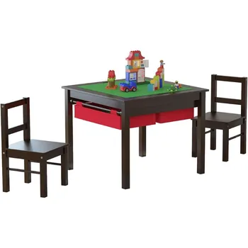 и 2 стола с чекмеджета за съхранение и вградени котлони, съвместима с конструктори Lego и Duplo Bricks (бял със сиво чекмеджета).