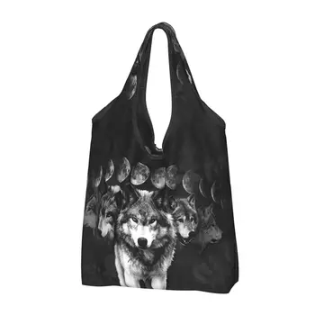 Изработена по поръчка Пазарска чанта Animal Spirit Guides Дамски Преносима чанта за пазаруване с голям капацитет Wolf Family Мъкна Shopper Bag