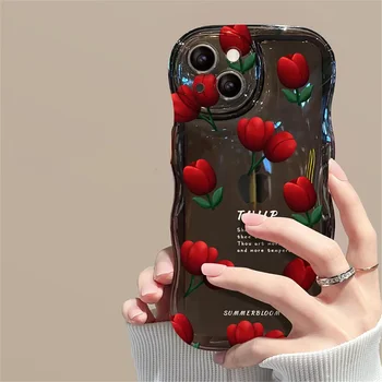 Калъф За iPhone 14 Pro Max 12 13 11 X XR XS 7 8 Plus SE Прозрачен Капак Capa Korea Сладко Wave Rose Flower Love Heart Подвесная Верига Мека