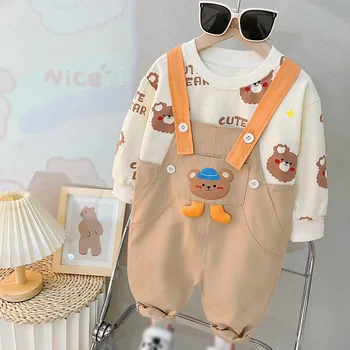 Комплекти дрехи за малки момчета, пролетно-есенна памучен облекло, блузи с дълги ръкави и сладък мечок от анимационен филм + панталони-раница, костюми, 2 бр.