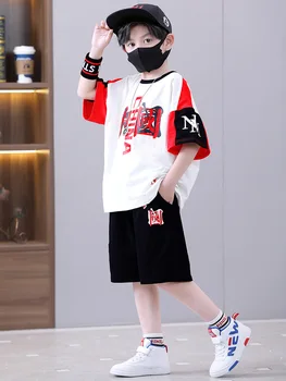 Комплекти летни дрехи за момчета в китайски стил 2023, нова мода, мозайка шиене с писмото принтом, 2 броя, детски дрехи, дрехи за тийнейджъри, костюм