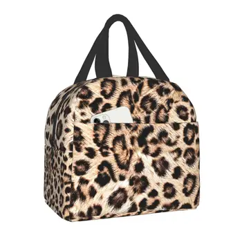 Леопардовый принт, изолирано чанта за обяд за жени, портативен хладилник от кожата на животното, Термос за обяд, Детски училищни чанти за пикник