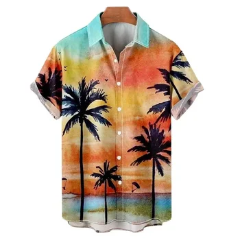 Лятна Хавайска риза 2022, 3D Тениска, риза С Ретро Модел на Кокосовата Палма, Къс ръкав, Мъжки Camisa Vacation Casua, Мъжка Тениска, Плажна