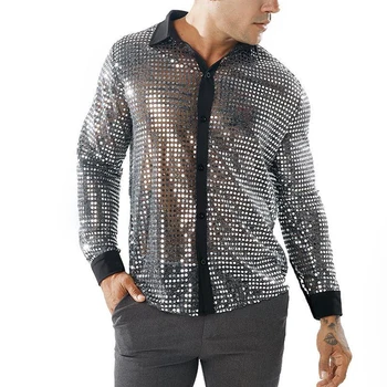 Модерен мъжки ризи за партита и танци с пайети 2023 г., блузи за дискотеки и нощни клубове в ретро стил 70-те, однобортная облекло за изпълнения