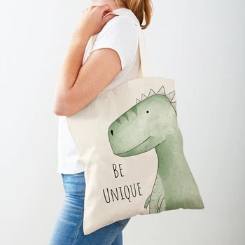 Мультяшное животно динозавър, дамски чанти, за пазаруване, двустранен чанта на рамото, сгъваема множество ежедневни холщовая Женствена чанта за пазаруване