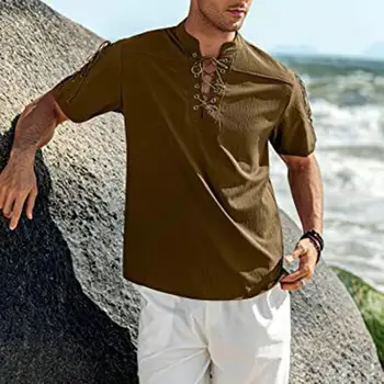 Мъжка лятна тениска с V-образно деколте и яка-часова, дантела, с няколко джапанки, обикновен панталон в тон, пуловер, плажни дрехи, със средна дължина, мъжки блузи, мъжки