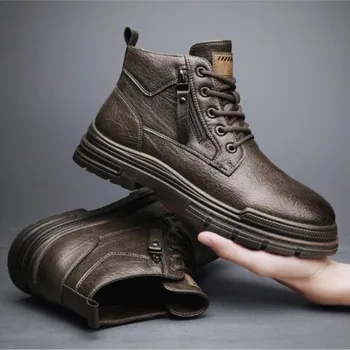 Мъжки висока мъжки обувки в британския стил, есенно-зимна кожа горна част е със средна дължина, модни мъжки обувки, работни обувки, мъжки обувки M105