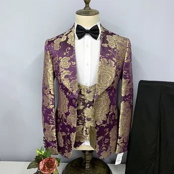 Мъжки костюм на лилаво-златен жакард с флорални принтом, елегантен комплект, луксозен дизайнерски дрехи, тънък блейзър за гадже, дрехи за сватбената церемония