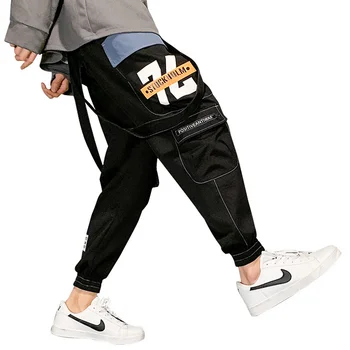 Мъжки панталони-карго за бягане, градинска дрехи, зреещи в стил хип-хоп, много джобове, Свободни спортни панталони с панделка, Гащеризон Мъжки