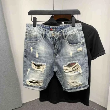 Мъжки преки свободни Корейски модни дънкови панталони с дупки, летни широки дънкови шорти от пет елементи, мъжки дрехи