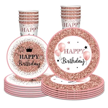 На парти в чест на рождения Ден на момичетата от Розово Злато, Набор от прибори за еднократна употреба, Салфетки, Чинии, чаши, декор за парти в чест на рождения Ден на Щастливата принцеса за момичета