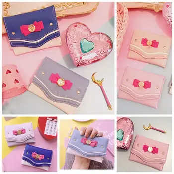 Нов дамски моден кратък портфейл Sailor Moon ярки цветове, клатч, чанта за карти и монети от изкуствена кожа