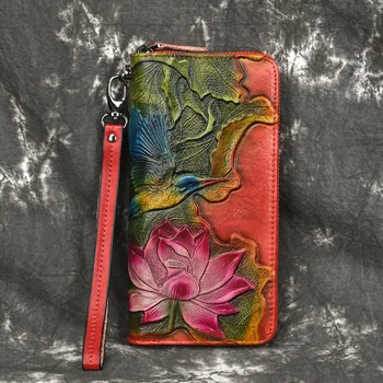 Портфейл от естествена кожа, клатч, чанти на китката, женски титуляр за парични карти с релефно във формата на цвете Птици, ретро-женски Дълъг портфейл от естествена телешка кожа