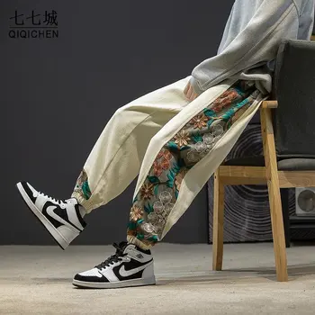 Пролетни ежедневни панталони Мъжки памучни джоггеры с бродерия в стил мозайка Harajuku, свободни панталони с еластичен колан и завязками, градинска облекло