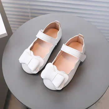 Пролетно-есенен детски нова однотонная ежедневни обувки подметка с малките си пръсти за момичета, Модни обувки принцеса с мека подметка с лък