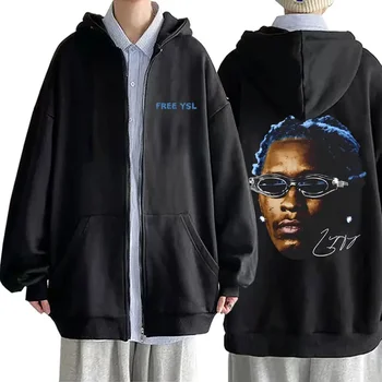 Рапърът Young Thug в стил хип-хоп, Качулки джоб с винтажным принтом, Мъжки блузи с цип голям размер, Свободни палто, Модни градинска яке