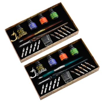 Реколта Перьевые химикалки за писане с 10 връхчета, Държач за химикалки, Подарък кутия