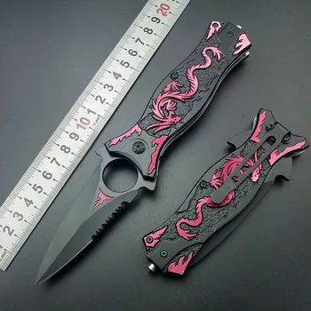 Сгъваем нож Cool Fire Dragon Pattern EDC с шарени маршируват ножове за самозащита, преносими полеви тактически джобни ножове за оцеляване