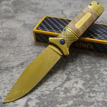 Сгъваем нож от дамасской стомана 440C Стомана Титан Дръжката е от черно дърво Джобен нож с Малък инструмент за къмпинг, лов и EDC Knives