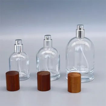 Стъклен флакон за парфюм обем 30-100 мл, флакон-спрей с дървен капак, захранващи малки мъгла, спрей за етерични масла, козметични контейнер