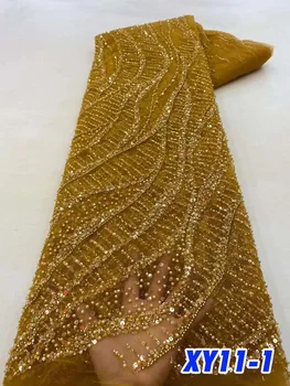 Тежка бродирани мъниста туба Лейси плат за шиене на Висококачествени френски сватбена рокля Луксозен Материал Пайети Тюл Африкански дантела 5 ярда