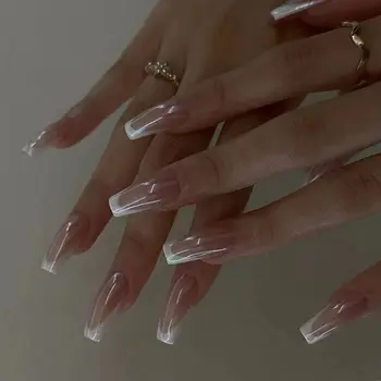 Френските въздушни ноктите Нова Дълга Балерина с бял ръб, прижимающаяся на ноктите, пълно покритие, подвижна въздушна нокти DIY