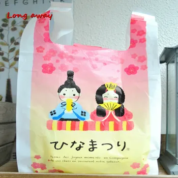 Японската Сватбена Двойка Отпечатва Дебела Пластмасова Скучна Чанта От Супермаркета, Найлонови Торбички С Дръжка За Опаковане на Хранителни Продукти 100шт