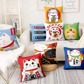 Калъфка за възглавница с принтом Японски Щастлива Котка от полиестер 45x45 см, украса за дома, възглавници, въздушна Възглавница за Укие-д